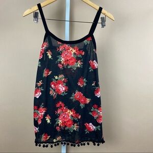 No Boundaries Size Medium Floral Ball Fringe Tank Top Cottagecore Vacation